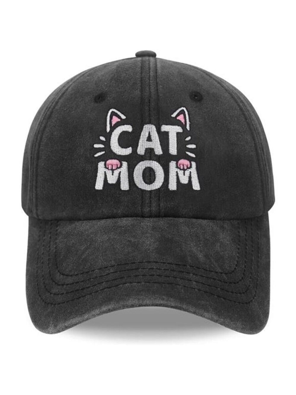 Cat Mom Hat, Cat Mom Gifts  Adjustable Size Baseball Cap Black Embroidered
